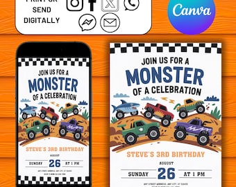 Monster Truck Birthday Invitation, Editable Canva Template, Boys 2nd Birthday Invite, Monster Jam Party, Watercolor Trucks Theme