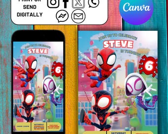 Spidey i jego niesamowici przyjaciele zaproszenie urodzinowe, zaproszenie na imprezę dla dzieci Spiderman, zaproszenie Spidey, szablon Spidey Canva, pobieranie cyfrowe