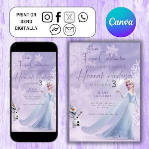 Könnte beinhalten: Eine digitale Einladung in Lila und Weiß mit Frozen-Motiv. Es steht "Es ist eine Frozen-Feier" und zeigt Elsa und Olaf. Die Einladung enthält den Text "Bitte feiern Sie mit uns für Hannah Anderson, die 3 Jahre alt wird. 21. August Samstag. Any Street Address, Any City, ST 123455 um 13:00 Uhr. RSVP an Mama 123-456-789."
