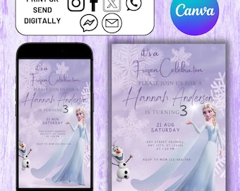 Frozen Birthday Invitation, Frozen Birthday Party Evite, Digital Kids Party, Princess Elsa Anna Invitation, Canva Template, Easy To Edit