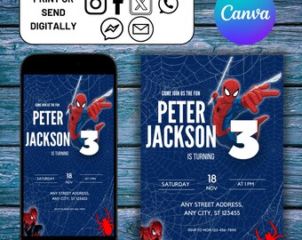 Spiderman Kids Editable Birthday Invitation Spiderman Digital, Printable Birthday Invitation, Superheroes Birthday Invites Canva template