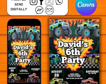 Monster Truck Birthday Invitation, Boy Monster Truck Invite, Boom Crash It's A Monster Truck Bash! Birthday Boy, Editable Canva Template