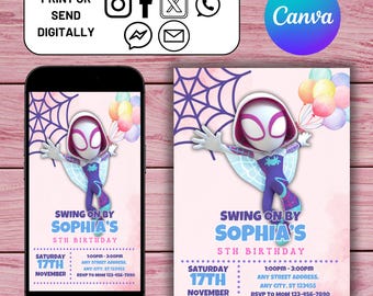 May include: A pink and purple birthday invitation featuring a cartoon Spider-Gwen character. The invitation says "Swing on by Sophia's 5th Birthday" with the date and time of the party.
