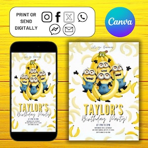 Bewerkbare Minion-verjaardagsuitnodiging, afdrukbare sjabloon voor verjaardagsfeestje, digitale minion-feestuitnodiging voor kinderen, Evite Bday Card, bewerkbare Canva
