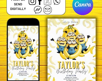 Bearbeitbare Minion-Geburtstagseinladung, druckbare Geburtstagsfeiervorlage, digitale Kinder-Miniion-Party einladen, Evite-Bday-Karte, bearbeitbare Canva