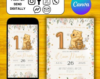 Winnie the Pooh Birthday Invitation, Digital Evite, Winnie The Pooh Bday Invitation, Pooh Easy To Edit in Canva Template, Digital Download