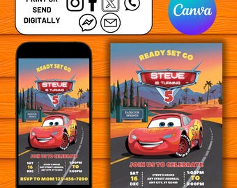 Cars Birthday Invitation, Boys and Girls McQueen Evite, Kids Birthday Invite, EditableCanva Template, Cars Birthday Evite, Digital Download