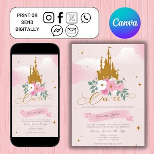 Princess Birthday Invitation, Editable Canva Template, Kids Printable Invite, Princess Girls Birthday Evite, Digital Download Invitation