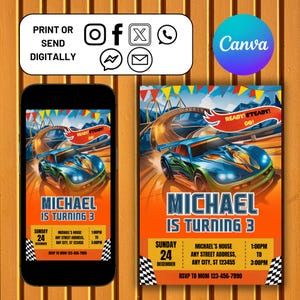 Bewerkbare Hot Cars-uitnodiging, Wheels-uitnodiging, Hot Race Kid-verjaardagssjabloon, bewerkbare Canva-sjabloon, kinderverjaardagsuitnodiging, download