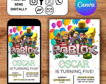 Roblox Birthday Invitation, Roblox Game Party, Roblox Kids Party Invite, Boy Kids Roblox Invite, Editable Kids Party Template Invitation