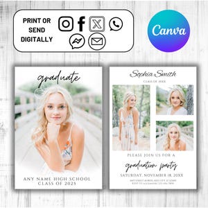 High School Graduation Announcement Template with Photo, Minimalist Graduation Announcement 2025 Card, Canva Digital Grad Party Invitation