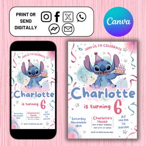 Editable Birthday Invitation Template of Stitch, Kids Birthday Party, Editable Birthday Party Invitation Template