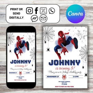 Spiderman-Geburtstagseinladung, Spiderman-Geburtstags-Kinderparty, druckbare bearbeitbare Geburtstagseinladung, Canva-Vorlage, sofortiger Download