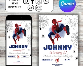 Spiderman-Geburtstagseinladung, Spiderman-Geburtstags-Kinderparty, druckbare bearbeitbare Geburtstagseinladung, Canva-Vorlage, sofortiger Download