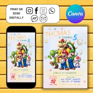 Druckbare Super Mario Einladung, Geburtstag einladen Junge Mädchen, Mario Bros Einladung, Videospiel Geburtstag einladen Vorlage
