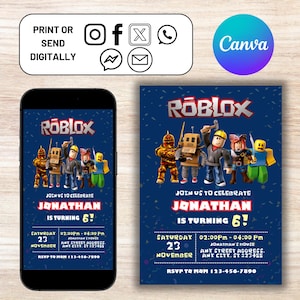 Roblox Invitation, Roblox Kids Invite, Boys And Girls Game Party Evite, Roblox Birthday Invitation, Game Birthday, Editable Template Canva