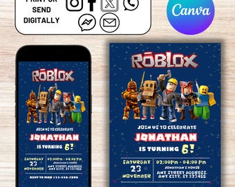 Roblox Invitation, Roblox Kids Invite, Boys And Girls Game Party Evite, Roblox Birthday Invitation, Game Birthday, Editable Template Canva
