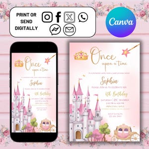 Princess Birthday Invitation, Girls Princess Invitation, Digital Princess Party Evite, Gold Pink Princess Invite, Canva Template Editable