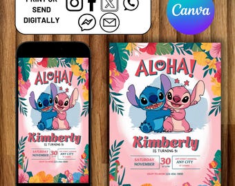 Modello di invito per festa di compleanno Stitch modificabile, invito di compleanno a fumetti, invito per festa di compleanno Stitch in piscina, invito di compleanno Stitch