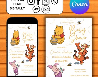 Winnie the Pooh Birthday Invitation, Winnie the Pooh Evite, Little Hunny 1st Birthday Invitation, Winnie and Friends, Easy To Edit, Download