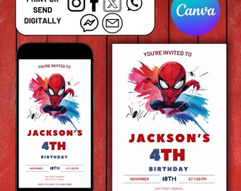 Invitación de Spider-Man, invitación digital para fiesta de cumpleaños de Spider-Man, tarjeta de cumpleaños infantil, descarga digital, plantilla editable