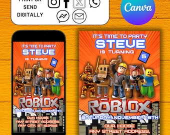 Invitación de cumpleaños de Roblox, fiesta de juegos de Roblox, invitación de Roblox, invitación de Roblox para niños, plantilla editable imprimible Canva, descarga instantánea