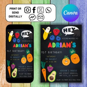 Dancing Fruits Birthday invitation, Editable Birthday Invite, kawaii Dancing Fruits Party Invite, Canva Template, boys and girls birthday