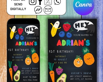 May include: A colorful invitation for a 1st birthday party with a chalkboard background and fruit illustrations. The invitation says "Hey, you're invited to Adrian's 1st Birthday!" with the date and time of the party. The invitation also includes the address and RSVP information.