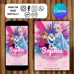 Frozen Birthday Invitation. Kids Frozen Invitation, Princess Elsa And Anna Digital Party Invitation, Girls Frozen Invite, Canva Template