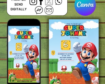 Zaproszenie urodzinowe Mario Bros, zaproszenie Super Mario Bros, szablon zaproszenia Mario Bros edytowalny cyfrowo w canva