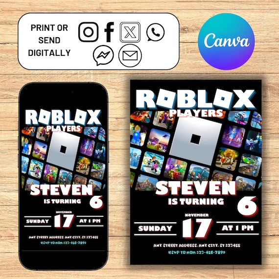 Roblox Invitation, Kids Roblox Evite, Gamer Party Evite, Boy Birthday Roblox Invitation, Roblox Birthday,  Editable Canva Template, Download