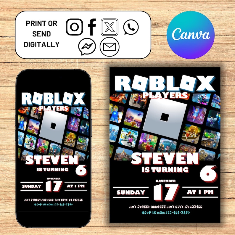 K&ouml;nnte beinhalten: Eine digitale Einladung zu einer Roblox-Motto-Geburtstagsparty. Die Einladung hat einen schwarzen Hintergrund mit einer Collage von Roblox-Spiel-Screenshots. Der Text lautet "Roblox Players Steven wird 6. Sonntag, 17. November um 13:00 Uhr. Any Street Address, Any City, ST 123455. RSVP an Mama 123-456-7890."