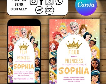 Princess Birthday Invitation Princess Invitation Princess Party Invitation Girl Princesses Invitations Watercolor EDITABLE Instant Digital