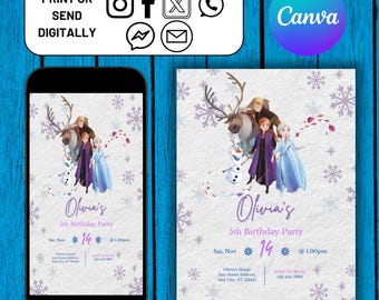 Frozen Birthday Invitation, Frozen Themed Girls Invite, Customizable Evite, Princess Elsa and Anna Birthday Evite, Editable Canva Template