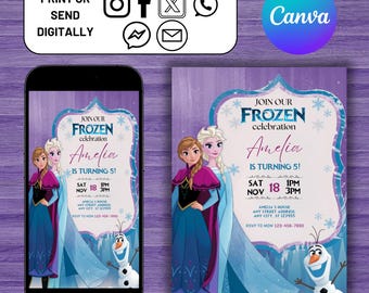 Frozen Birthday Invitation, Girls Frozen Birthday Evite, Elsa Anna Party Invitation, Frozen Editable Canva Template, Download Invitation