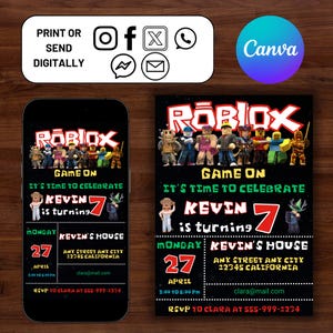 Roblox Invitation, Roblox Invite, Game Party, Roblox Boys Birthday Invitation Template, Game Birthday, Kids Roblox, Editable Template, Canva