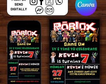 Roblox Invitation, Roblox Invite, Game Party, Roblox Boys Birthday Invitation Template, Game Birthday, Kids Roblox, Editable Template, Canva