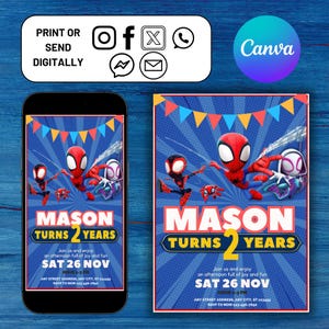Spider man Birthday Invitation Template, Birthday Party Evite, Editable Spidey Birthday Invite, Spidey Digital For Kids, Birthday Template