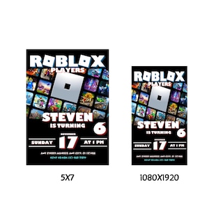 K&ouml;nnte beinhalten: Eine schwarz-rote Einladung zu einer Roblox-Motto-Geburtstagsparty. Die Einladung zeigt eine Collage von Roblox-Spiel-Screenshots und den Text "Roblox Players". Die Einladung ist f&uuml;r Stevens 6. Geburtstagsparty am Sonntag, den 17. November um 13:00 Uhr. Die Einladung enth&auml;lt den Text "RSVP an Mama 123-456-7890".