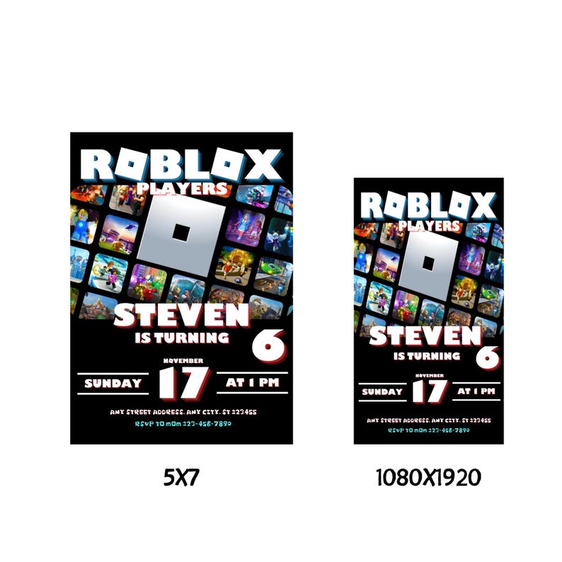 K&ouml;nnte beinhalten: Eine schwarz-rote Einladung zu einer Roblox-Motto-Geburtstagsparty. Die Einladung zeigt eine Collage von Roblox-Spiel-Screenshots und den Text "Roblox Players". Die Einladung ist f&uuml;r Stevens 6. Geburtstagsparty am Sonntag, den 17. November um 13:00 Uhr. Die Einladung enth&auml;lt den Text "RSVP an Mama 123-456-7890".