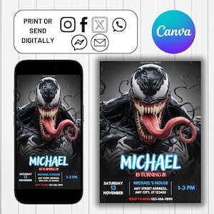 Plantilla de invitación de cumpleaños de Venom en Canva - Invitación de cumpleaños de superhéroe editable - Tarjeta de invitación imprimible con descarga instantánea