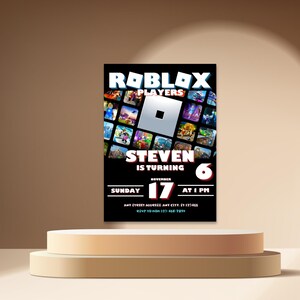 K&ouml;nnte beinhalten: Eine schwarze und rote Roblox-Geburtstagseinladung mit einer Collage von Roblox-Spiel-Screenshots. Die Einladung lautet "Roblox Players" und "Steven wird 6 Jahre alt". Das Datum ist Sonntag, der 17. November um 13:00 Uhr. Die Einladung enth&auml;lt eine Adresse und RSVP-Informationen.