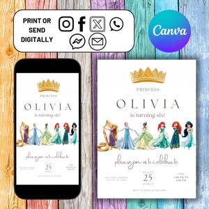 Princess Birthday Invitation, Girl Princess Digital Invitation, Birthday Party Invitation, Birthday Invitation Princesses, Editable in Canva