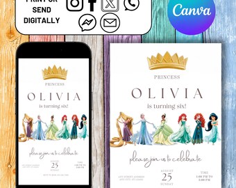 Invitación de cumpleaños de princesa, invitación digital de princesa niña, invitación de fiesta de cumpleaños, invitación de cumpleaños de princesas, editable en Canva