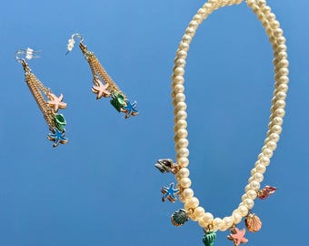 Seashell Pearl Necklace & Earring Set | Ocean-Inspired Jewelry with Starfish and Shell Charms