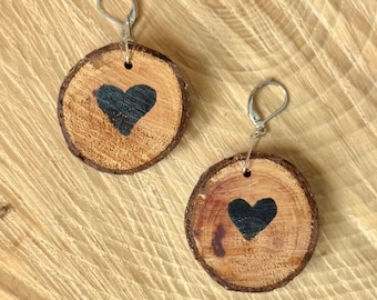 Wood Slice Heart Earrings | Rustic Hand-Painted Dangle Earrings