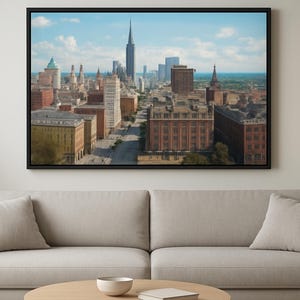 May include: A framed cityscape print featuring a view of a city with tall buildings, including a prominent skyscraper. The artwork is displayed above a beige sofa with matching pillows. A round wooden coffee table and a potted plant are in front of the sofa.