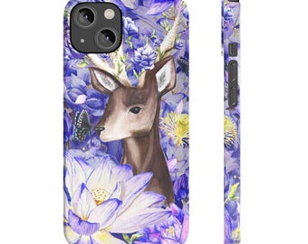 自然をテーマにしたスリムなiPhoneケース Wilderkind 水彩画風の鹿と花の枝角、蝶、蓮の花のデザイン