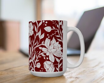 Cherry Red Lotus Blossoms Butterfly Ceramic Coffee Mug Crimson Floral Coffee Cup Botanical Flower Theme Kitchen Drinkware Gift Idea for Her