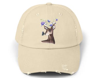 Floral Deer Antlers Cap Bohemian Watercolor Wilderkind Deer Theme Design Distressed Cotton Twill Hat Gift Ideas for Her